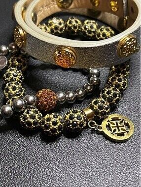 B6626 Rustic Cuff  Pave Crystal Beaded Faux Leather Wrap Bracelet Set Gold Tone